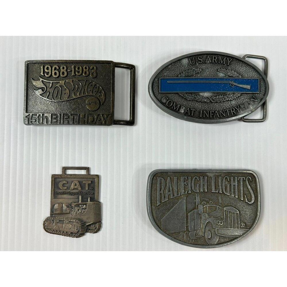 Vintage Belt Buckles Hot Wheels Raleigh Lights US Army Cat Tractor Keychain Lot